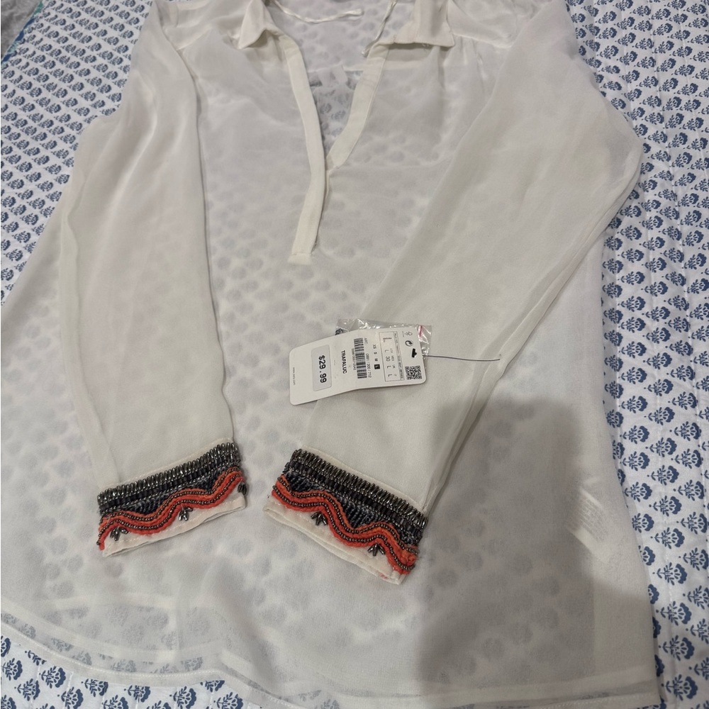 Zara Sheer White Blouse with Beaded Cuffs